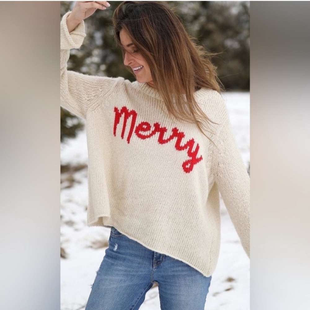 Wooden Ships Merry Crew Sweater Mohair Wool Christmas Holiday Beige Red Sz M/L